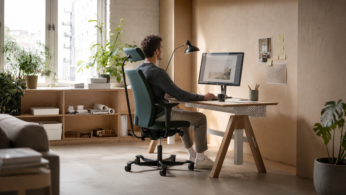 Mann sitzt ergonomisch auf Bürostuhl